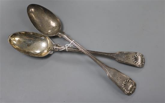 A pair of George IV silver fiddle, thread and shell pattern basting spoons, William Eaton, London, 1829, 12.5 oz.